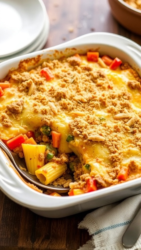 A baked casserole in a 9x9 dish with cheese and breadcrumbs, filled with pasta, meat, and vegetables.